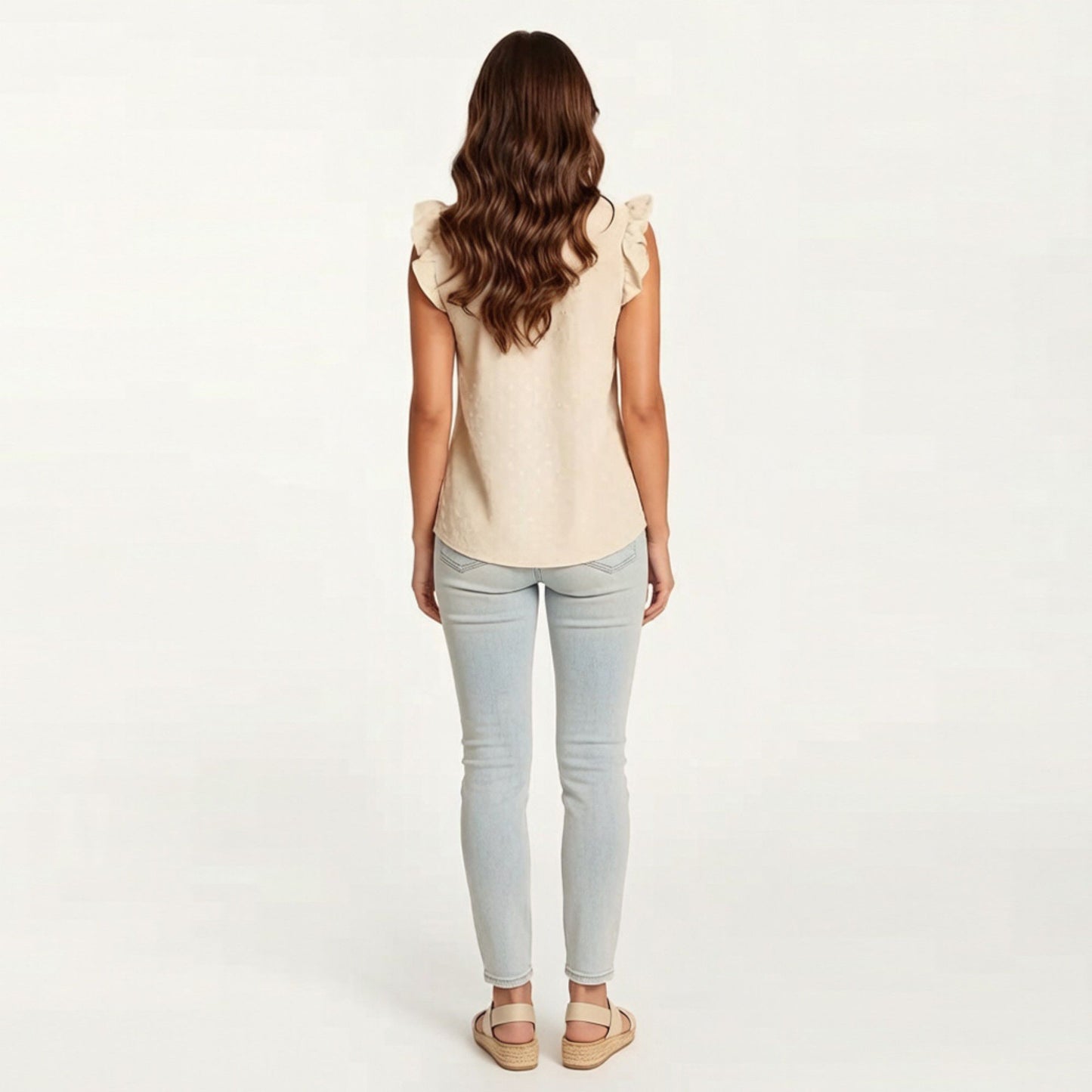 Sleeveless Swiss Dot Button Front Top with Ruffle Shoulders and Scalloped Neckline