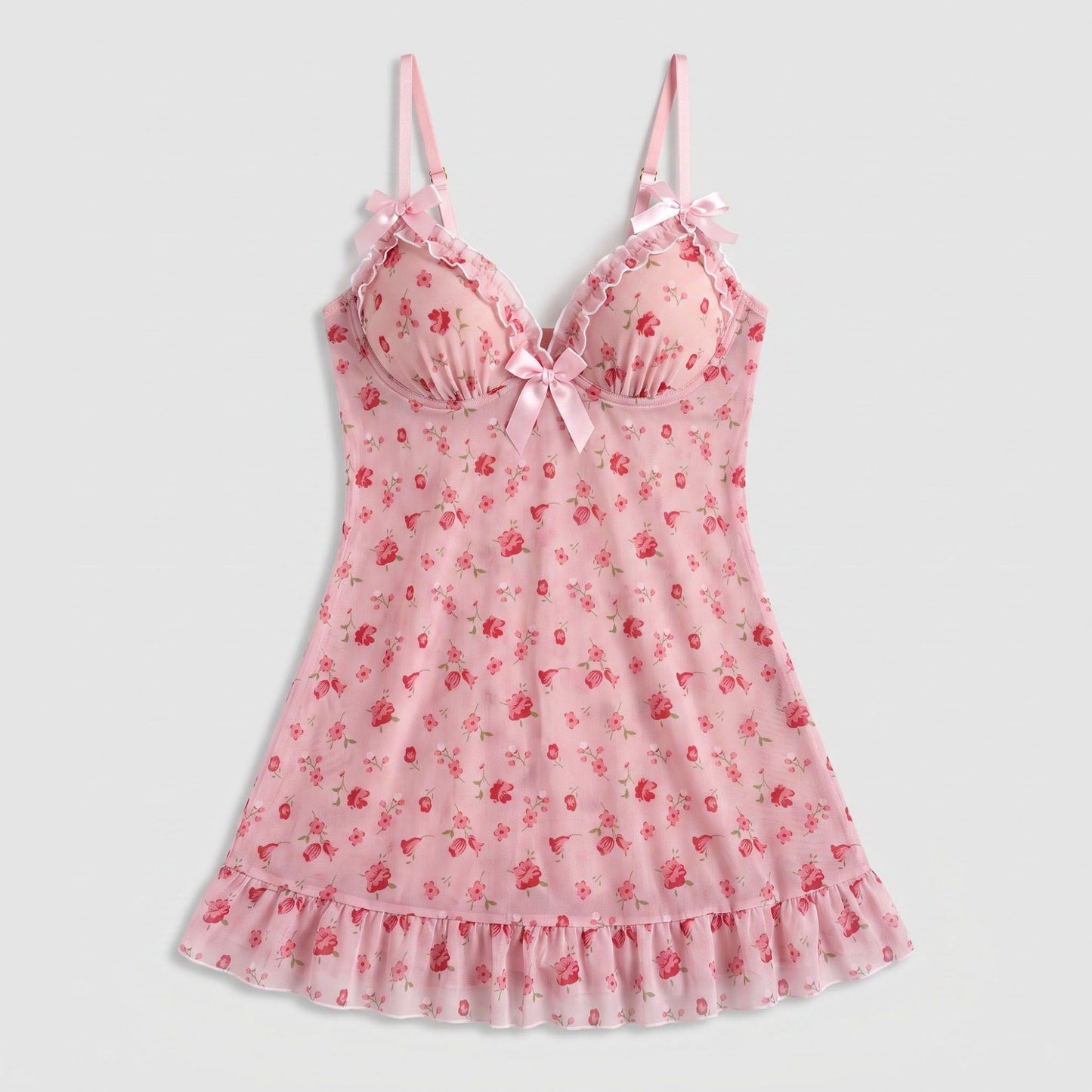 Floral Sheer Mesh Ruffle Chemise Nightgown