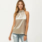 Satin Halter Top with Faux Pearl Neckline and Smooth Draped Finish