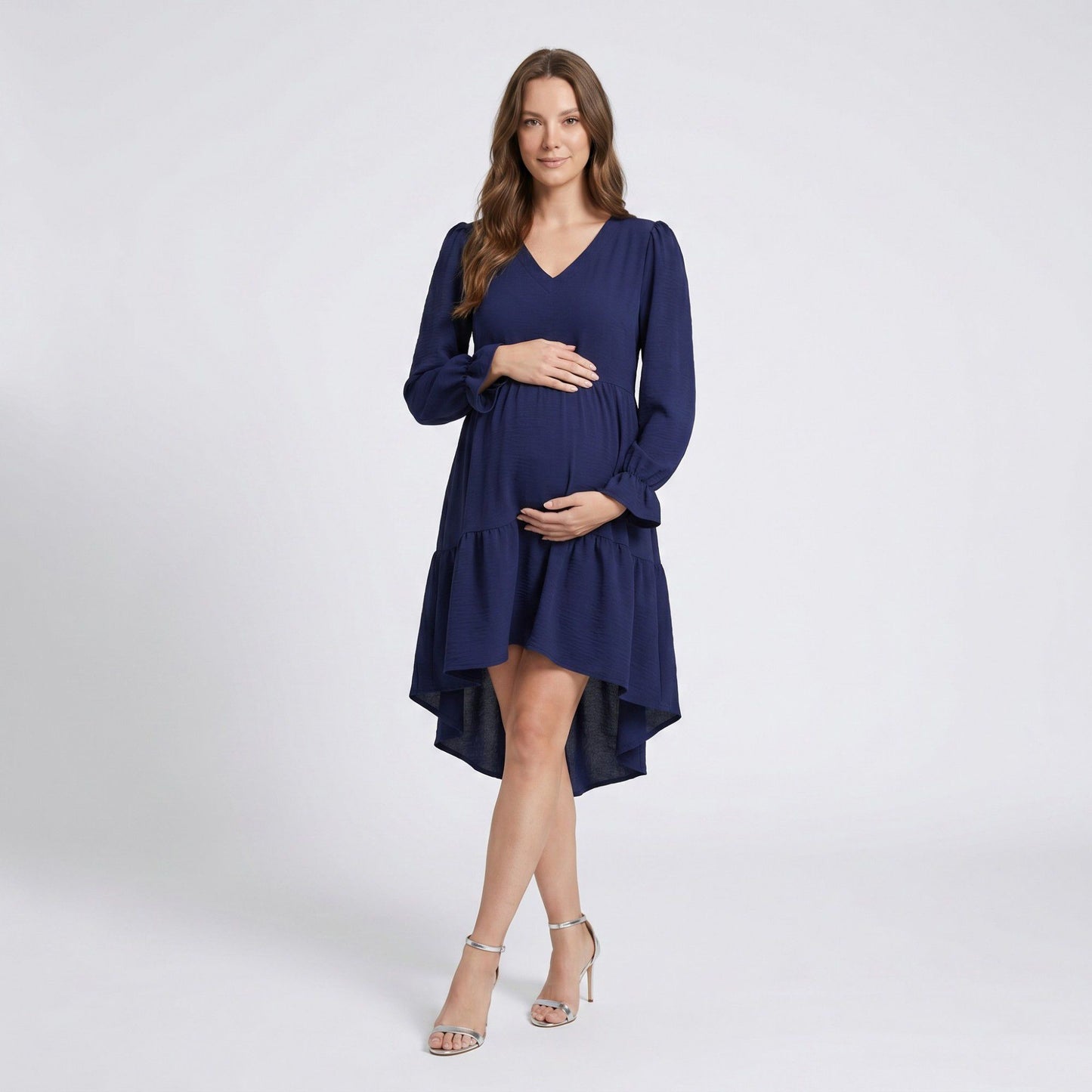 Maternity V Neck High Low Mini Dress with Long Sleeves and Tiered Hem