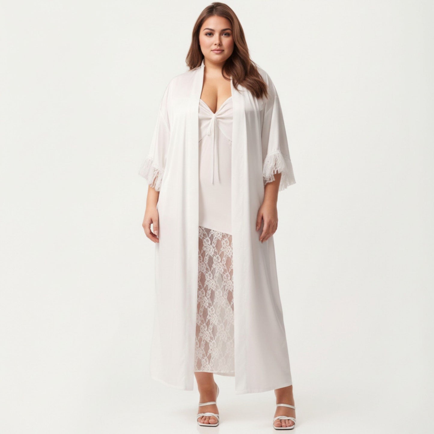 Plus Size Long Sheer Lace Panel Robe Open Front Lightweight Sleepwear