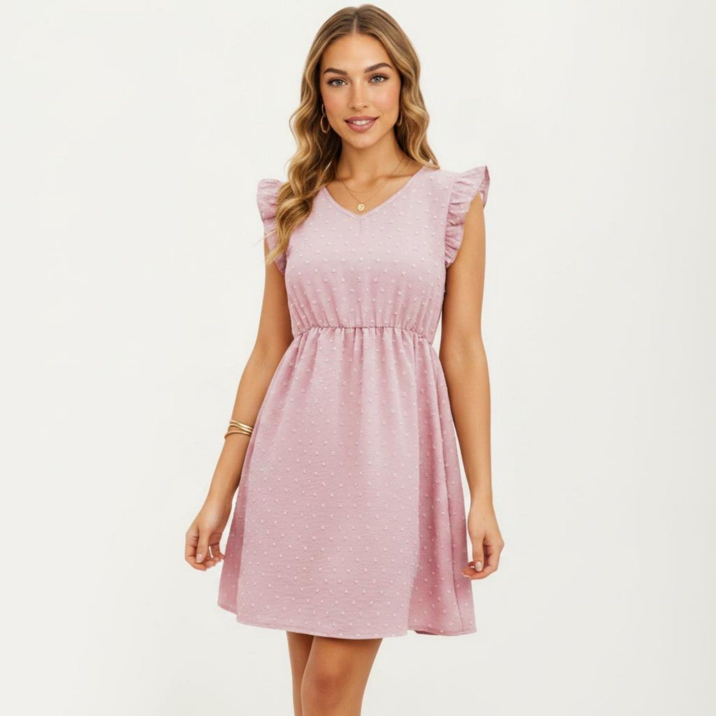 Swiss Dot Babydoll Dress with Ruffle Sleeves and V-Neckline