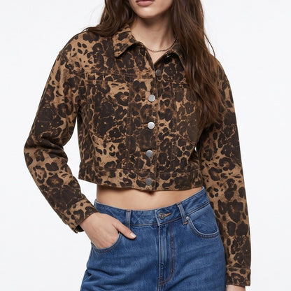 Leopard Print Cropped Denim Jacket Button Front Trucker Jacket with Chest Pockets