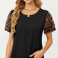 Short Sleeve Top with Leopard Print Mesh Sleeves Round Neck Relaxed Fit Casual Shirt