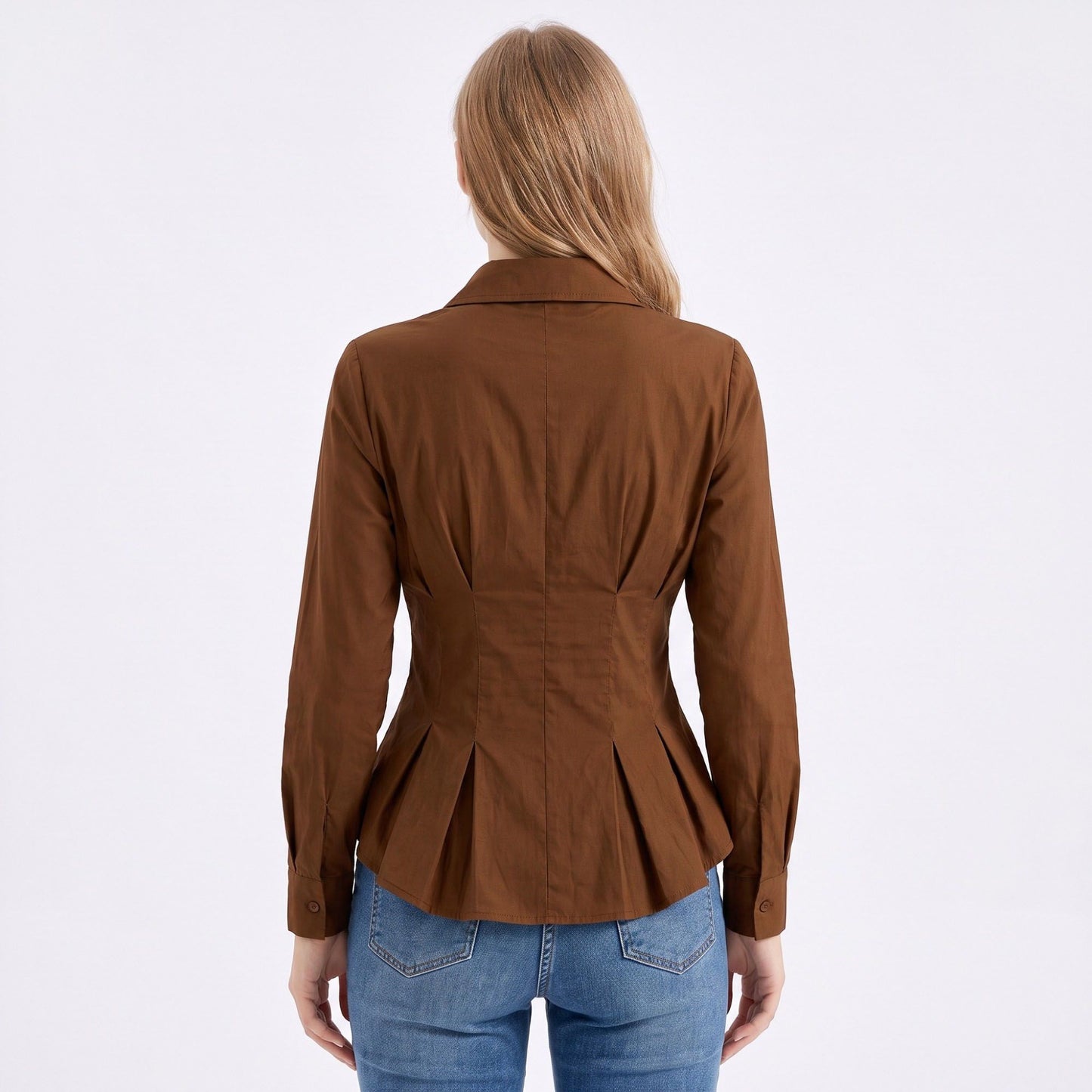 Long Sleeve Button Down Peplum Shirt with Collared Neckline