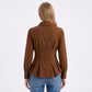Long Sleeve Button Down Peplum Shirt with Collared Neckline