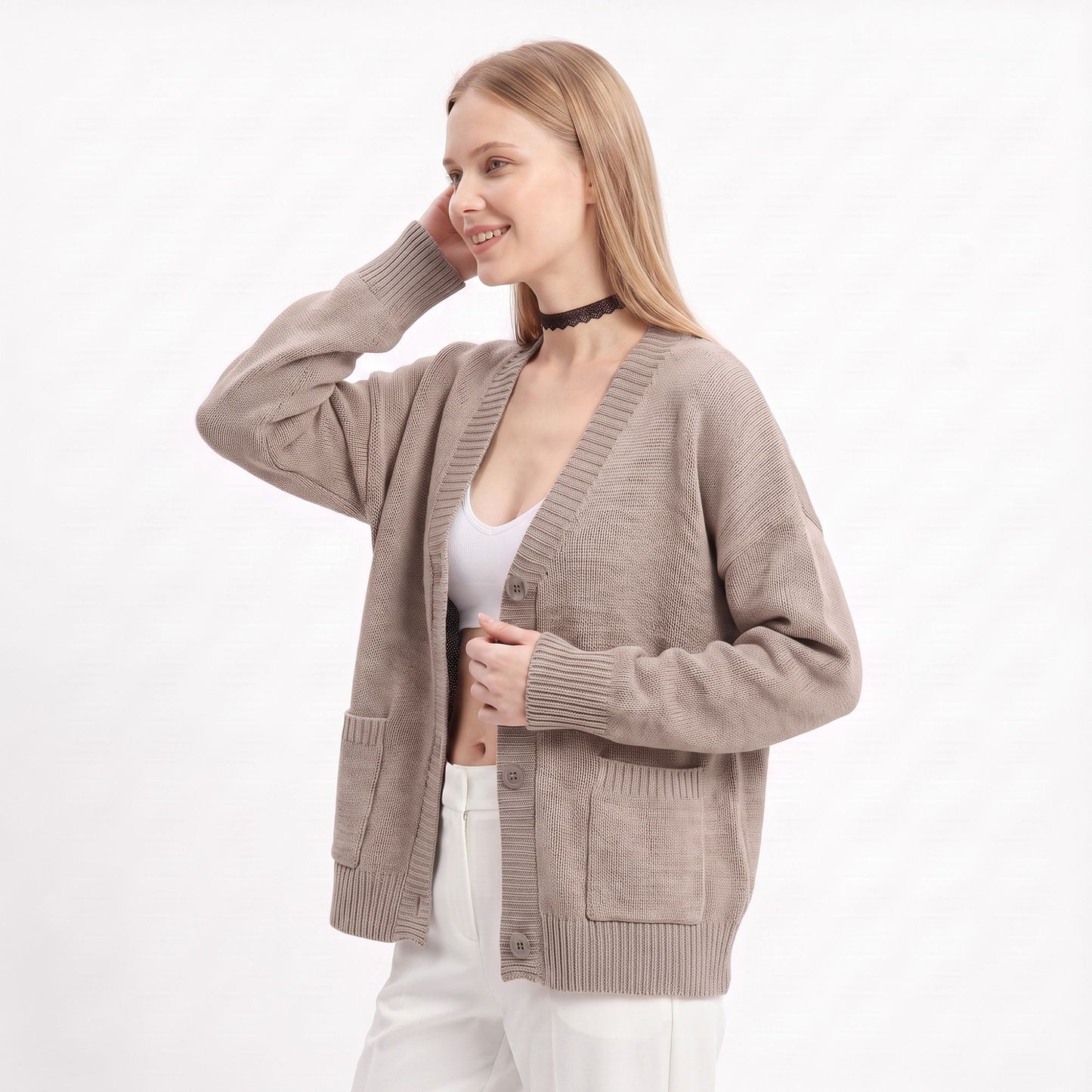 Oversized V Neck Button Front Cardigan with Pockets