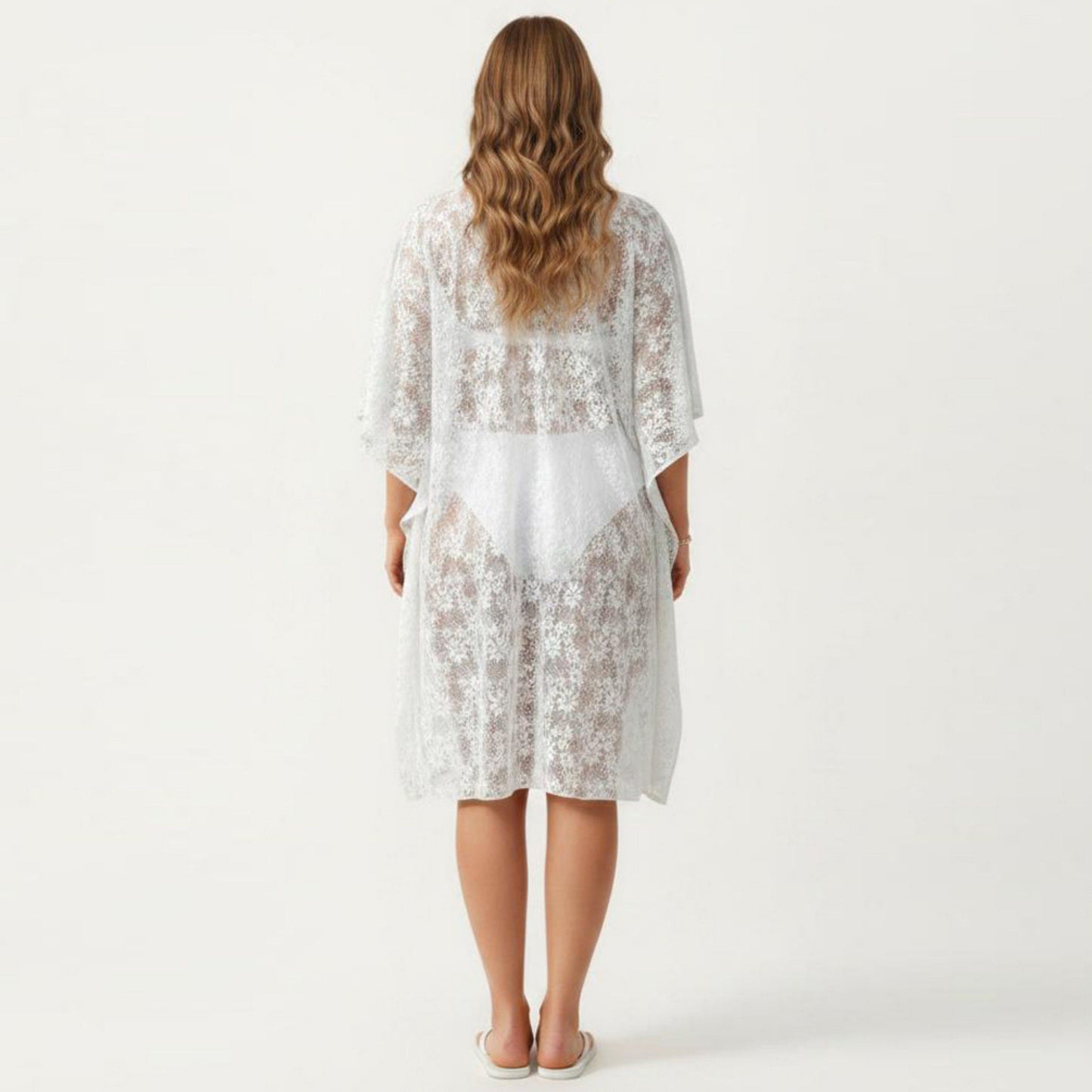 Lace Swim Cover Up Cardigan with Crochet Trim Floral Pattern Open Front and Relaxed Sleeves
