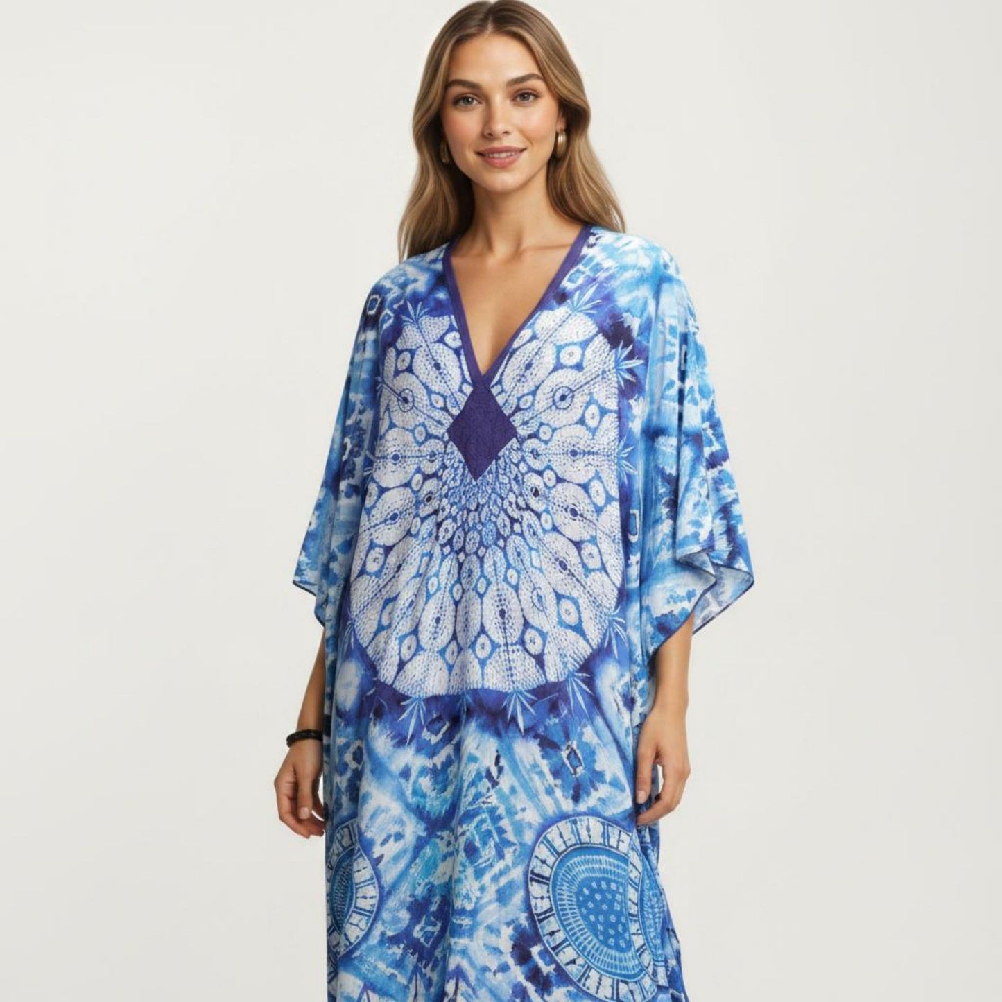 Tie Dye Medallion Kaftan Maxi Dress with V-Neckline and Relaxed Flowy Silhouette