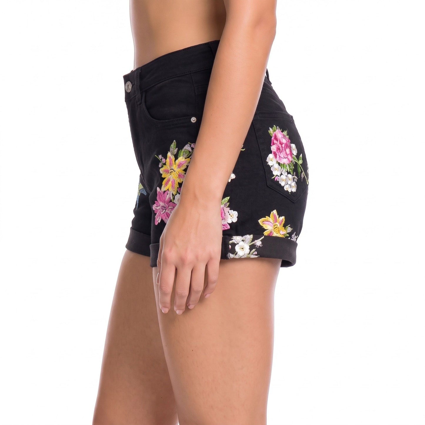 Floral Embroidered High Rise Denim Shorts Rolled Cuff Casual Jean Shorts