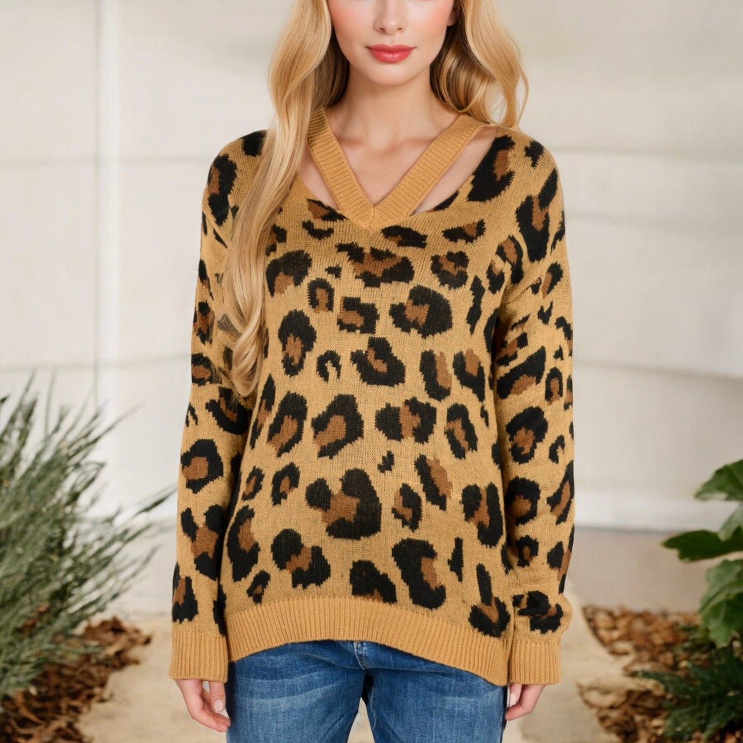 V-Neck Leopard Print Sweater with Cutout Detail Long Sleeves