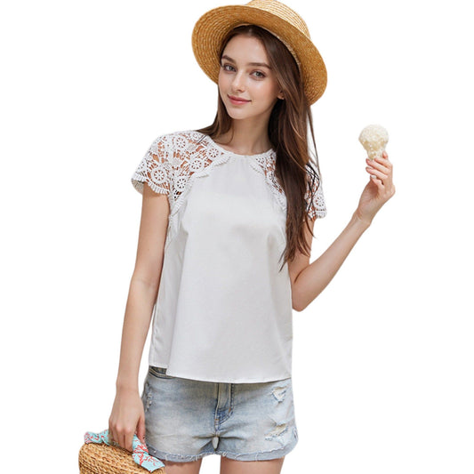 Lace Raglan Sleeve Light Short Sleeve Blouse