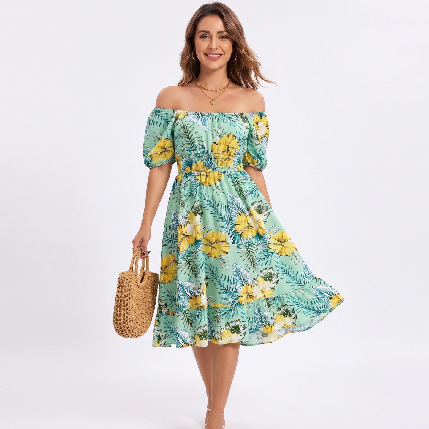 Tropical Floral Square Neck Smocked Waist Midi Dress