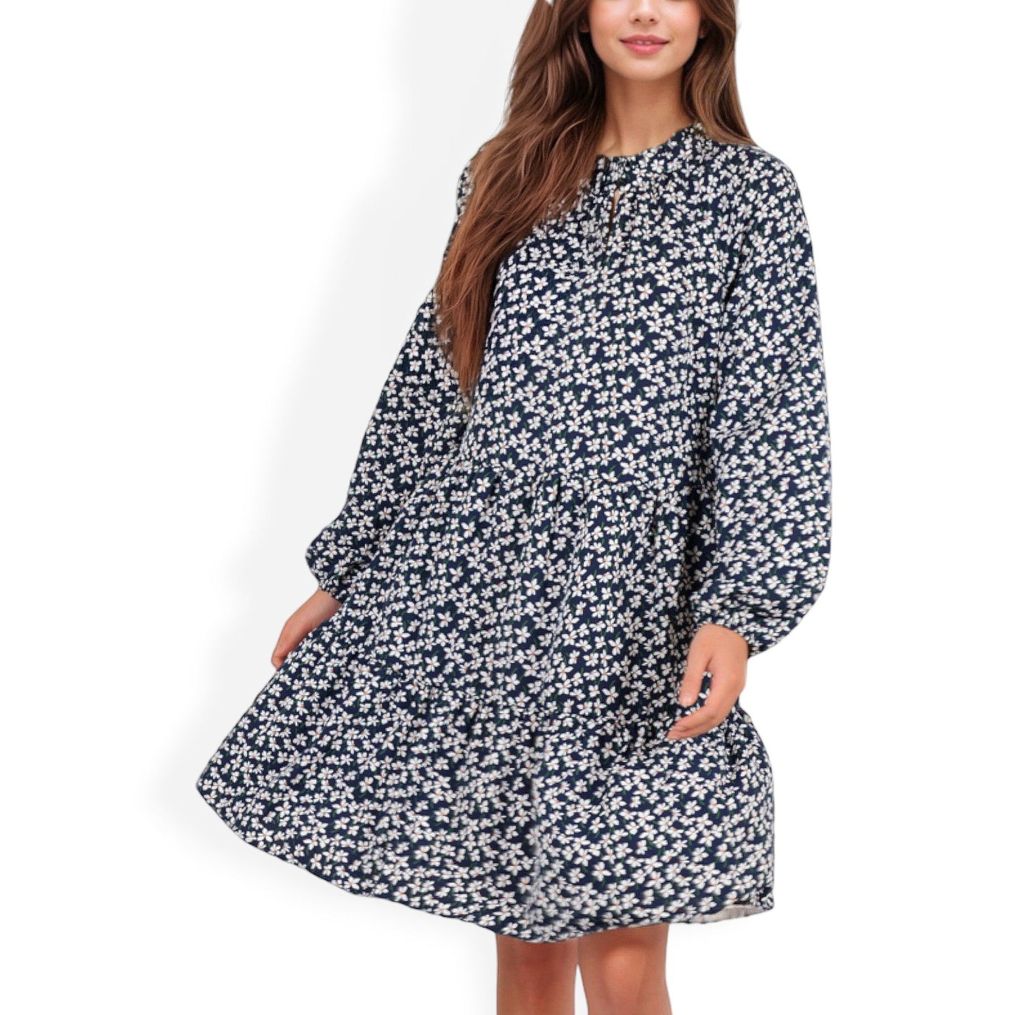 Long Sleeve Floral Print Dress Ruffle Hem Keyhole Neckline