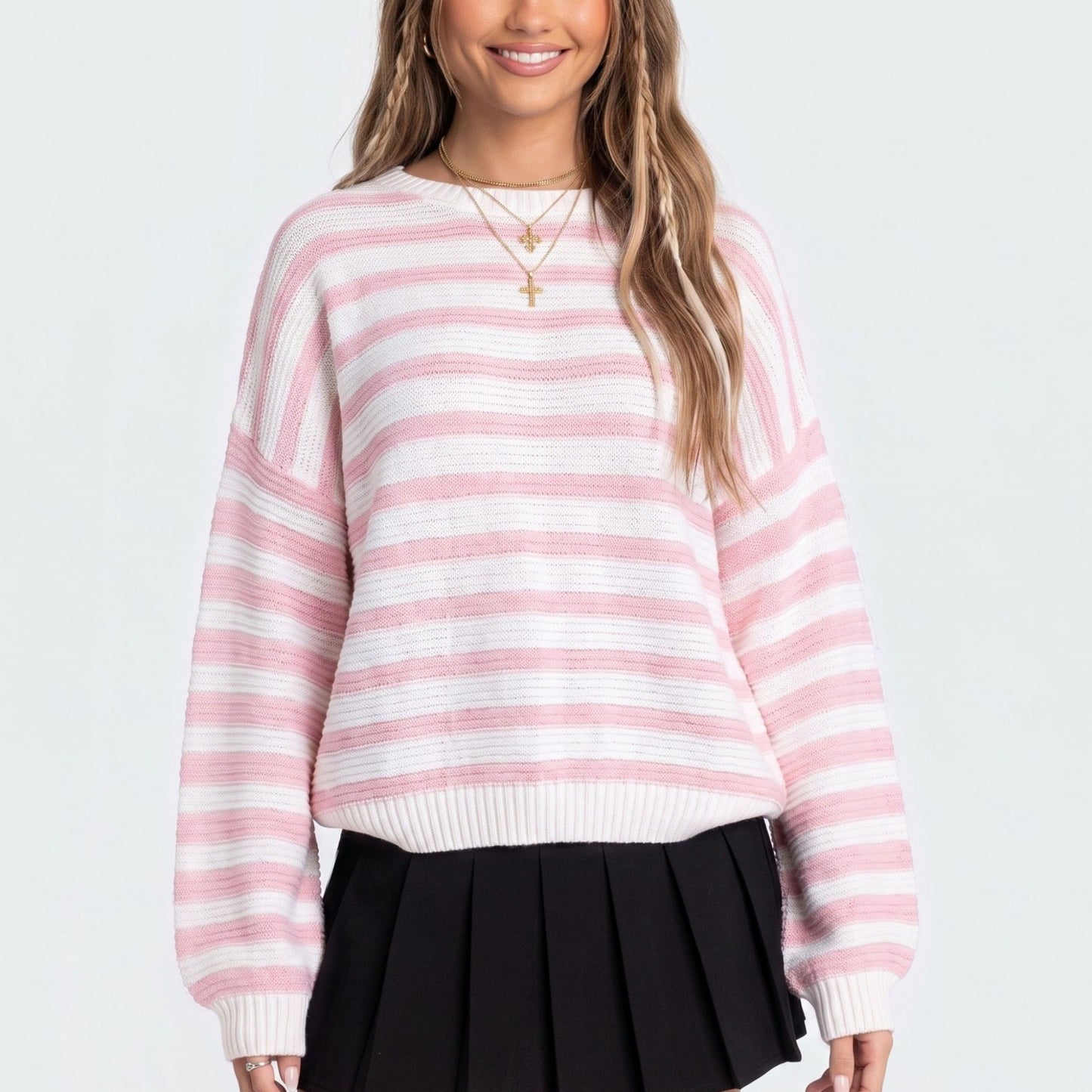 Striped Crewneck Drop-Shoulder Knit Sweater