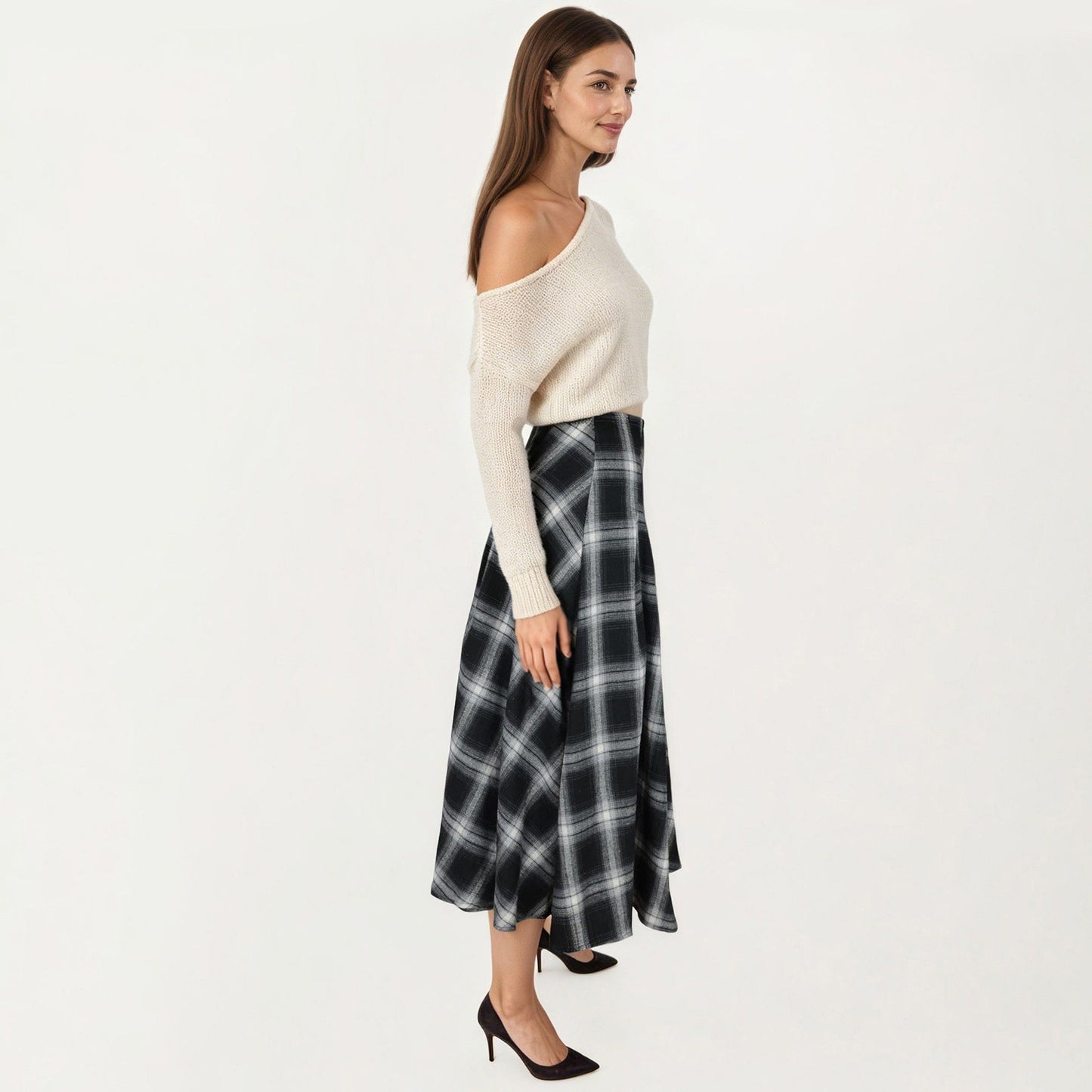 Plaid Midi Skirt with A-Line Silhouette Flowy Hem High Waist Design Classic Check Pattern Skirt