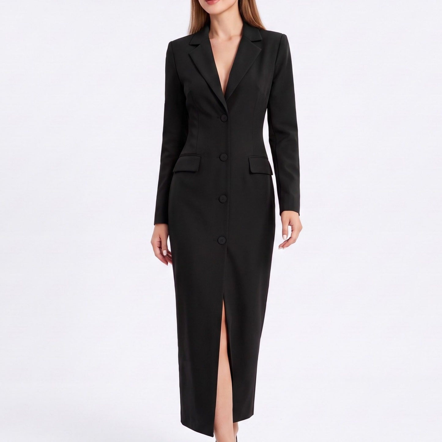 Long Sleeve Blazer Maxi Dress with Notched Lapels and Front Slit