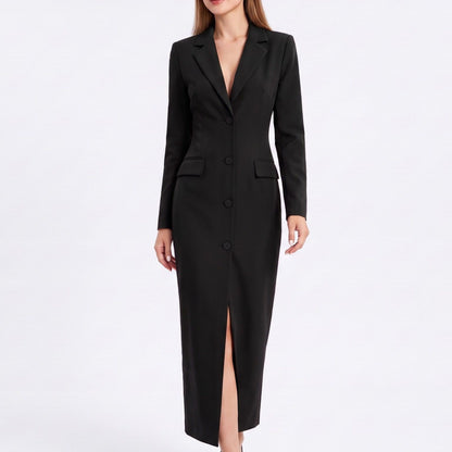 Long Sleeve Blazer Maxi Dress with Notched Lapels and Front Slit