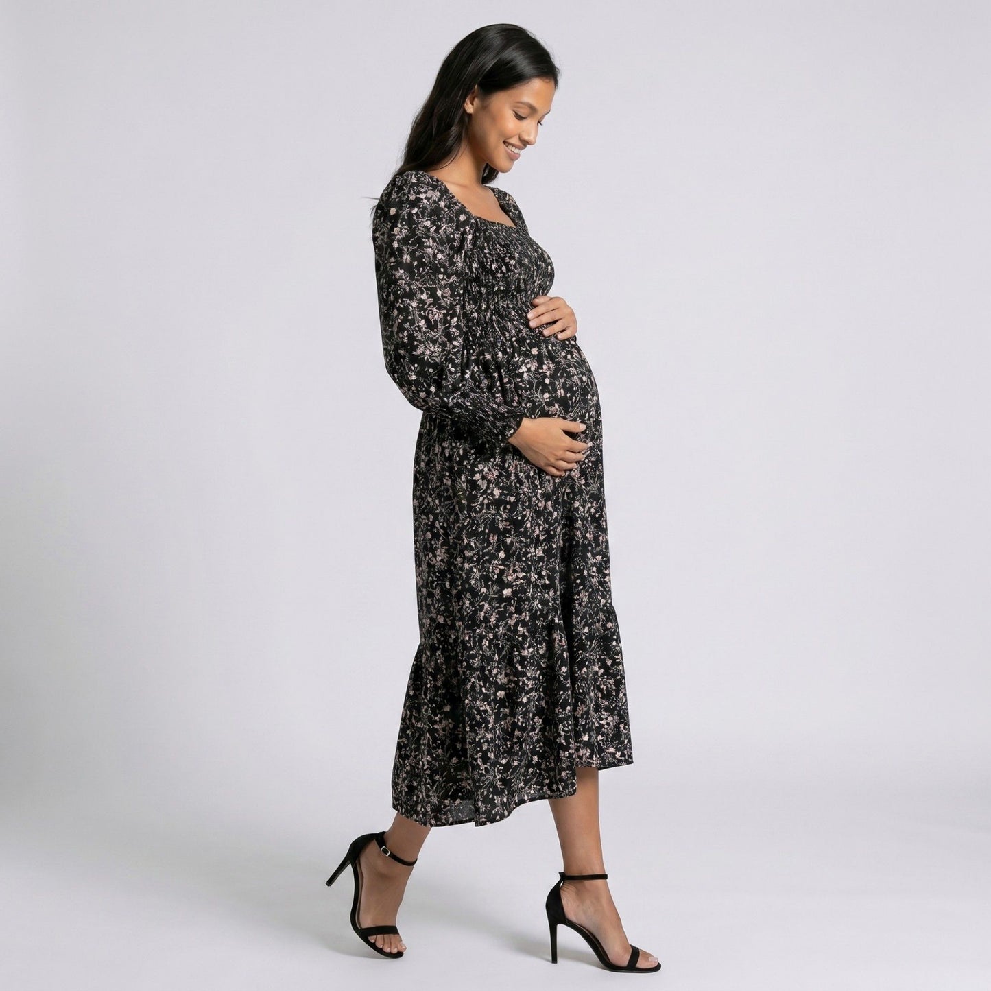 Maternity Floral Square Neck Midi Dress with Long Sleeves and Smocked Bodice