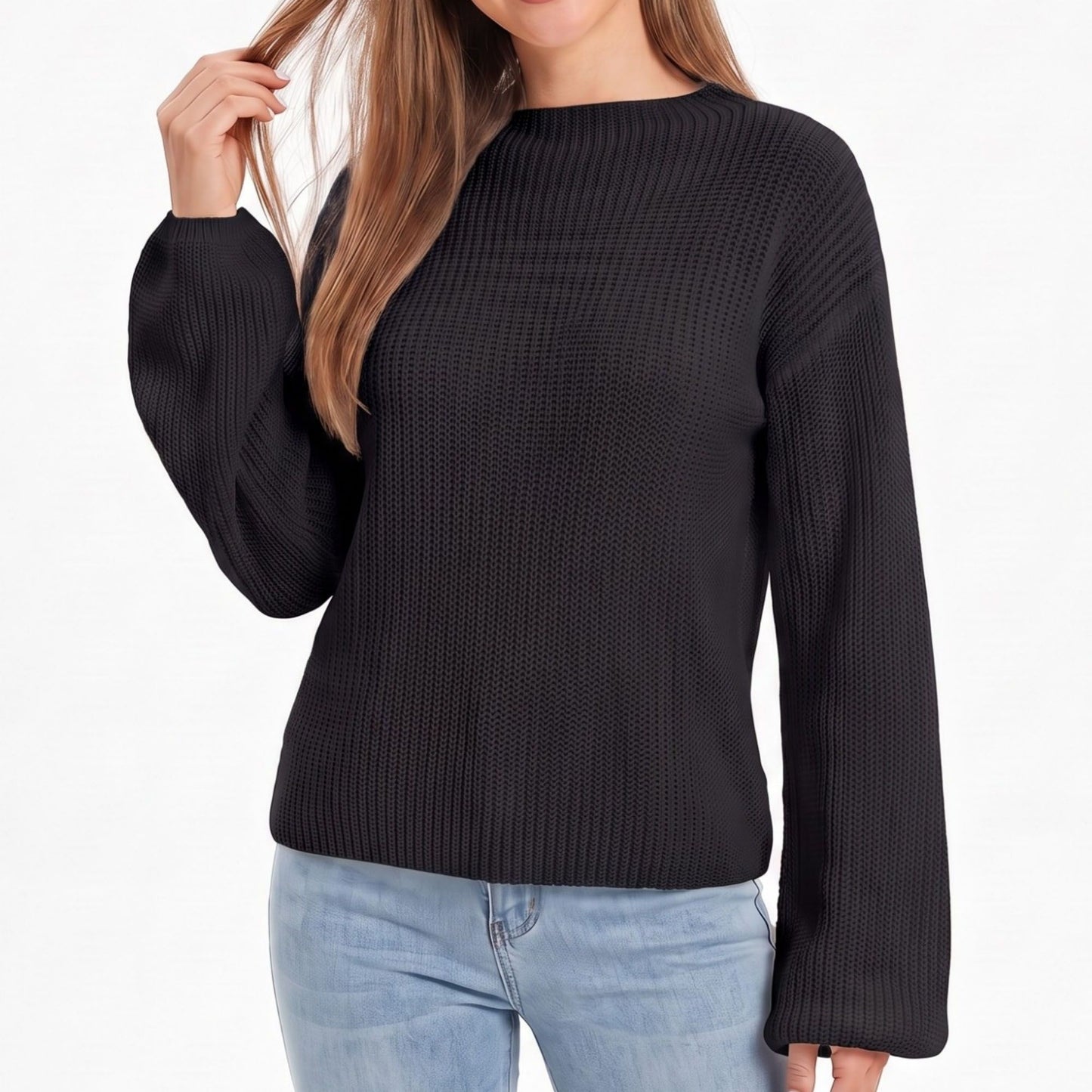 V Neck Textured Knit Pullover Sweater with Long Sleeves