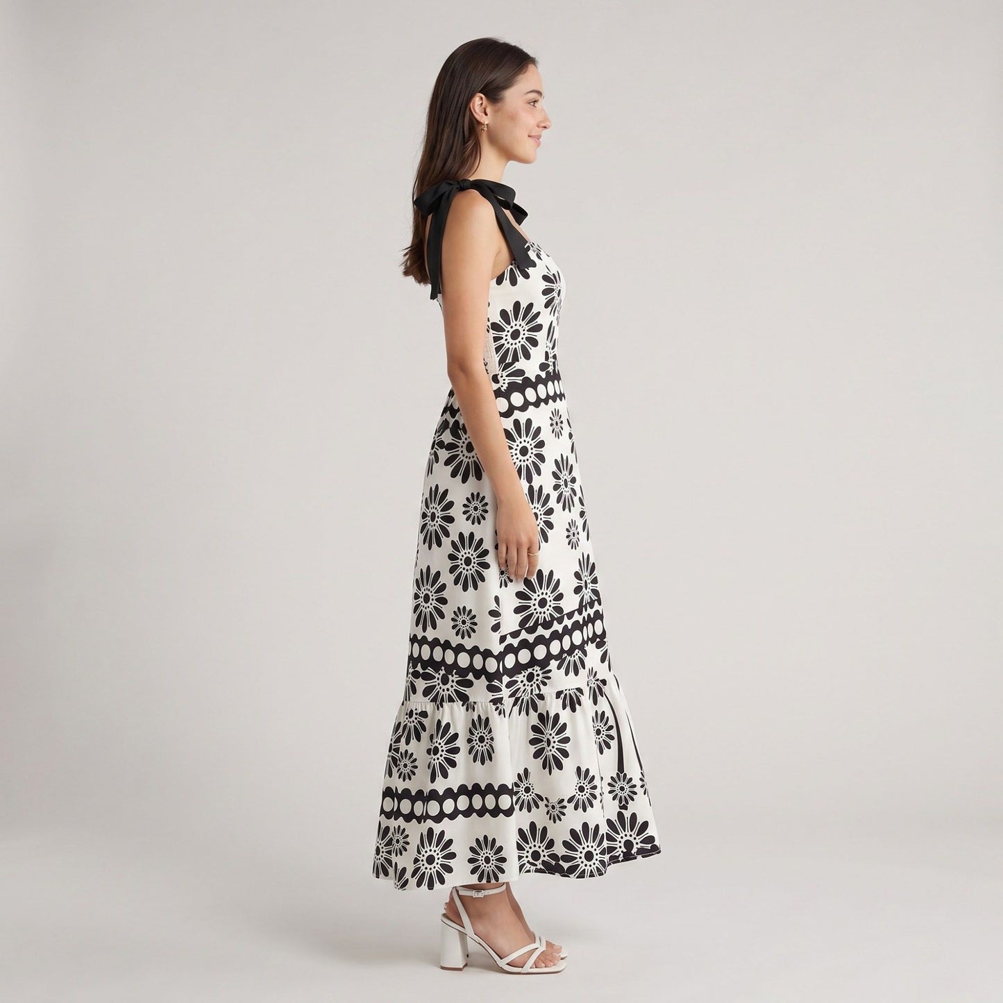 Tie Shoulder Square Neck Midi Dress Black and White Floral Smocked Tiered Sundress