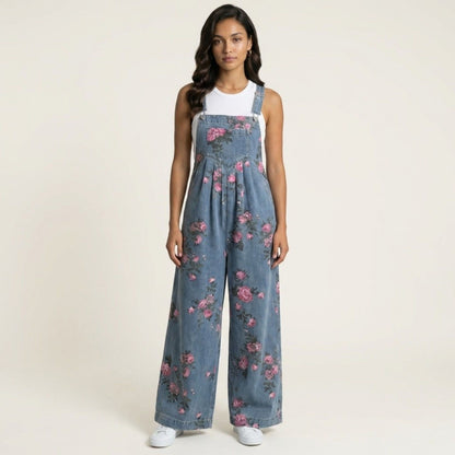 Floral Denim Overall Jumpsuit Wide Leg Adjustable Strap Loose Fit Casual Overalls