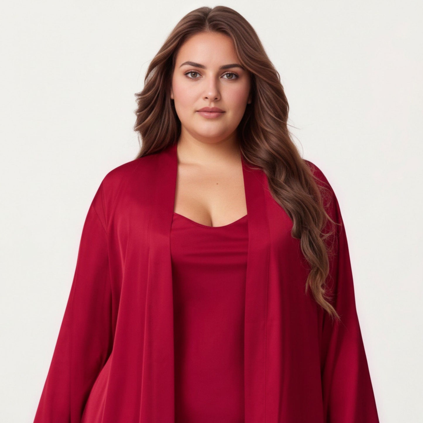 Plus Size 2-Piece Satin Nightgown Set with Long Sleeve Open Front Robe Sleeveless Slip Dress Sleepwear