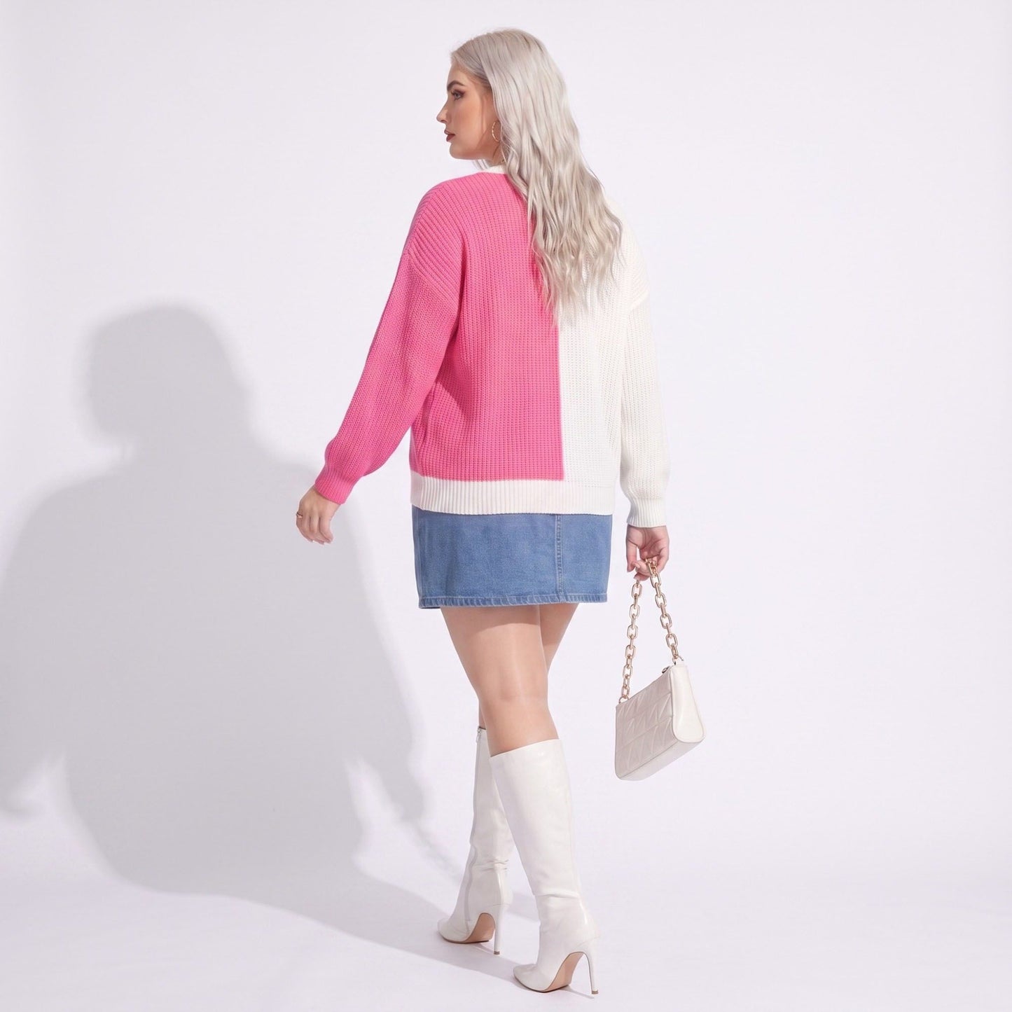 Plus Size Heart Colorblock Crewneck Sweater