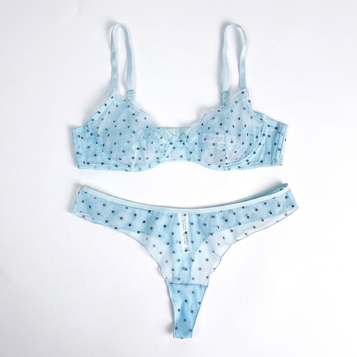 Polka Dot Sheer Mesh Underwire Bra and Panty Two Piece Lingerie Set