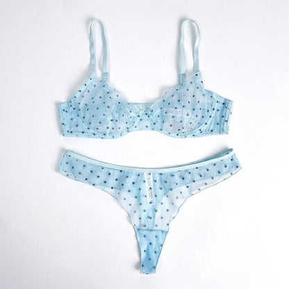 Polka Dot Sheer Mesh Underwire Bra and Panty Two Piece Lingerie Set
