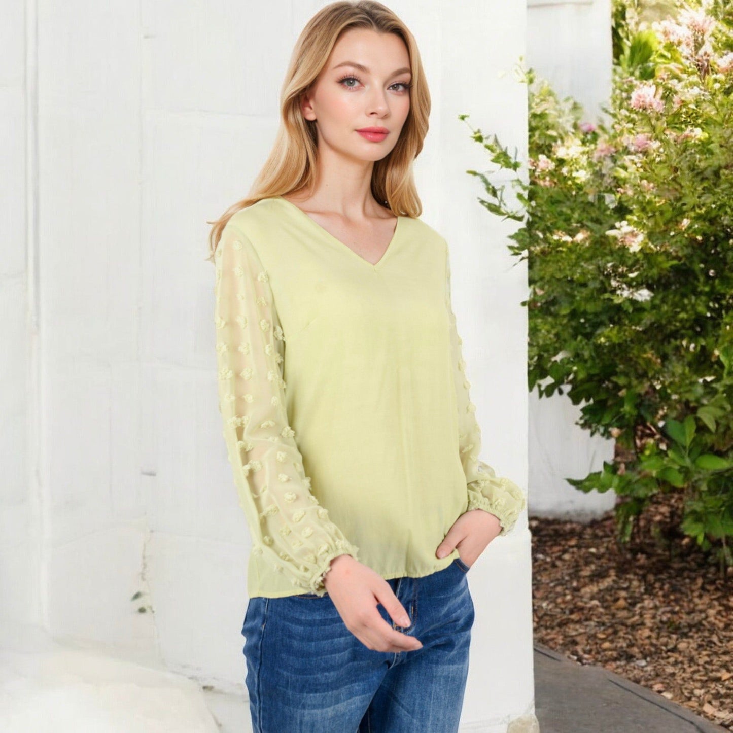 Sheer Sleeve V-Neck Blouse with Delicate Dot Embroidery