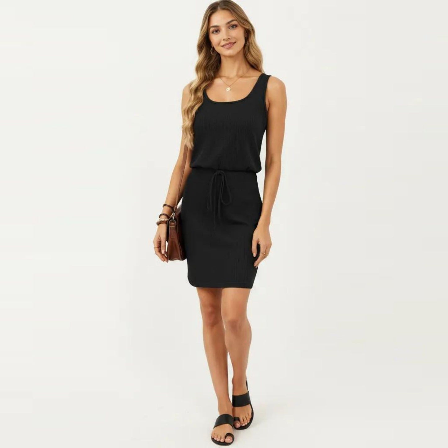 Sleeveless Tank Dress with Scoop Neck Adjustable Drawstring Waist Fitted Casual Mini Dress