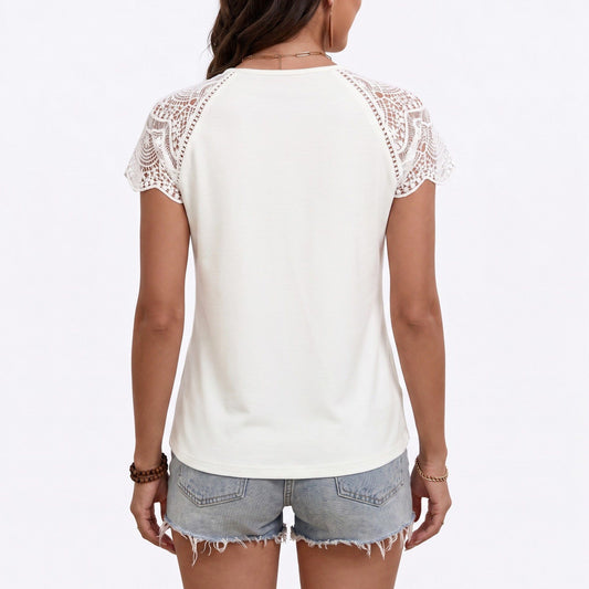 Lace Sleeve Top Split Neck Short Sleeve Relaxed Fit T-Shirt