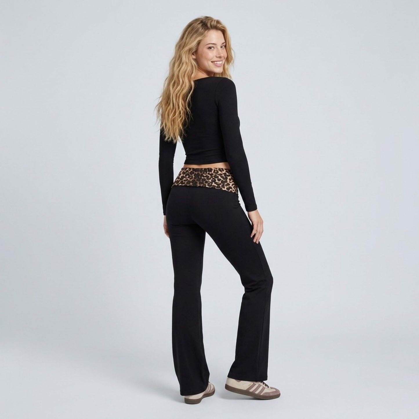 Leopard Print Contrast Waistband Full-Length Wide-Leg Trousers