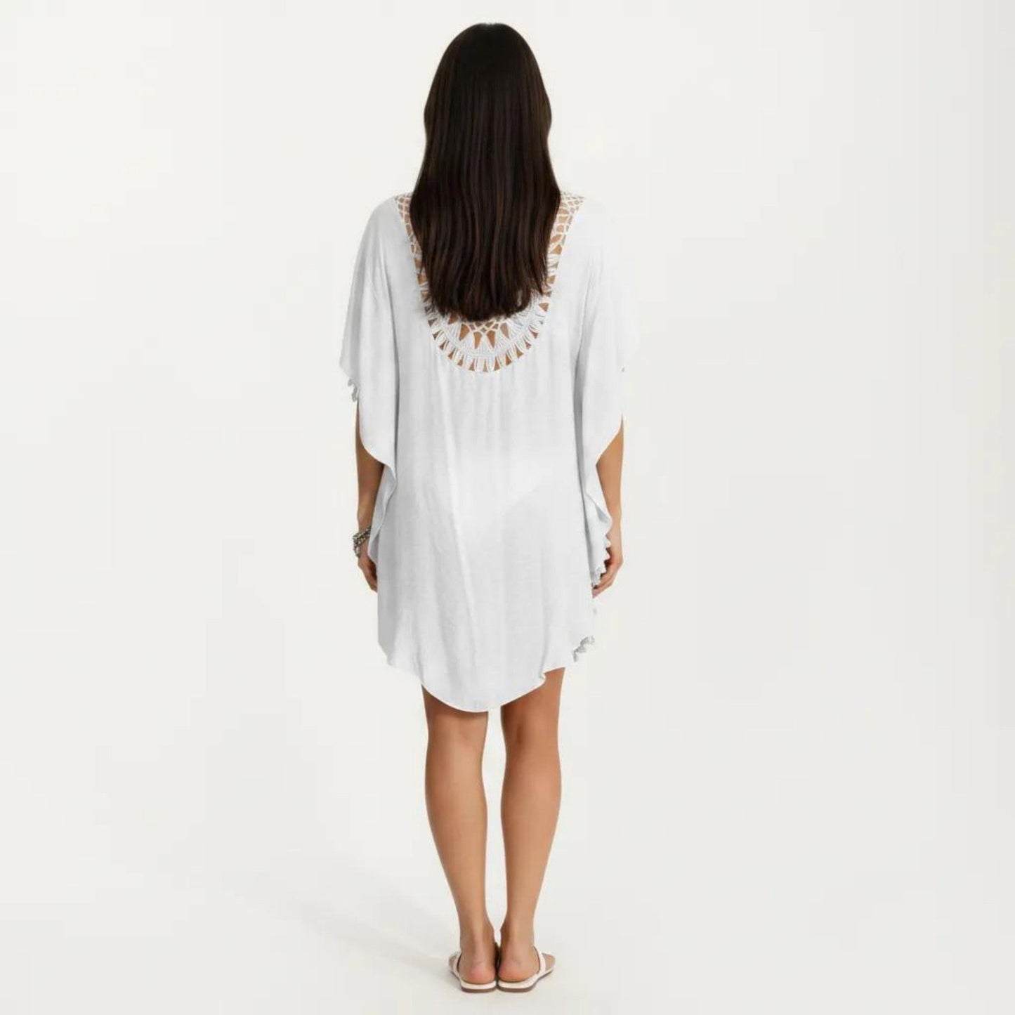 Crochet Medallion Swim Cover Up Dress with Tassel Trim and Relaxed Boho Silhouette
