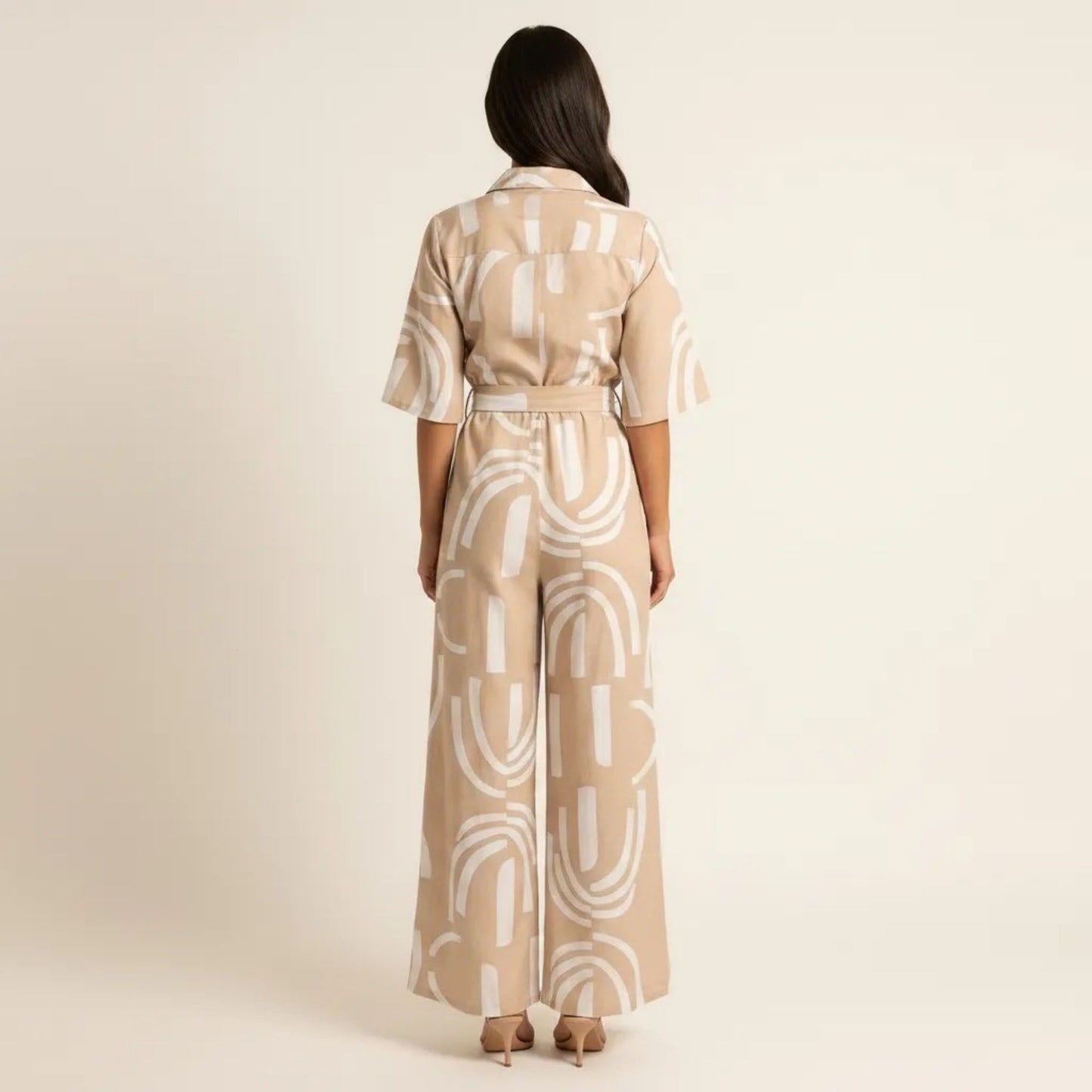 Printed Wide Leg Jumpsuit Button Front Short Sleeve Tie Waist Relaxed Fit One Piece