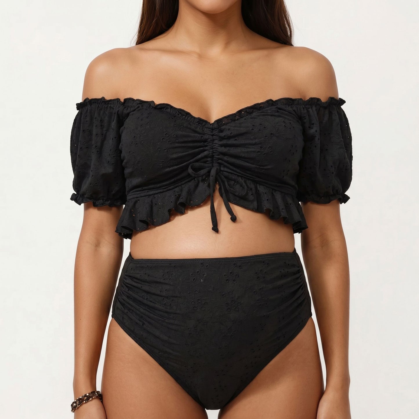 Maternity Off-Shoulder Ruffle Top with High-Waisted Bottom Bikini Set