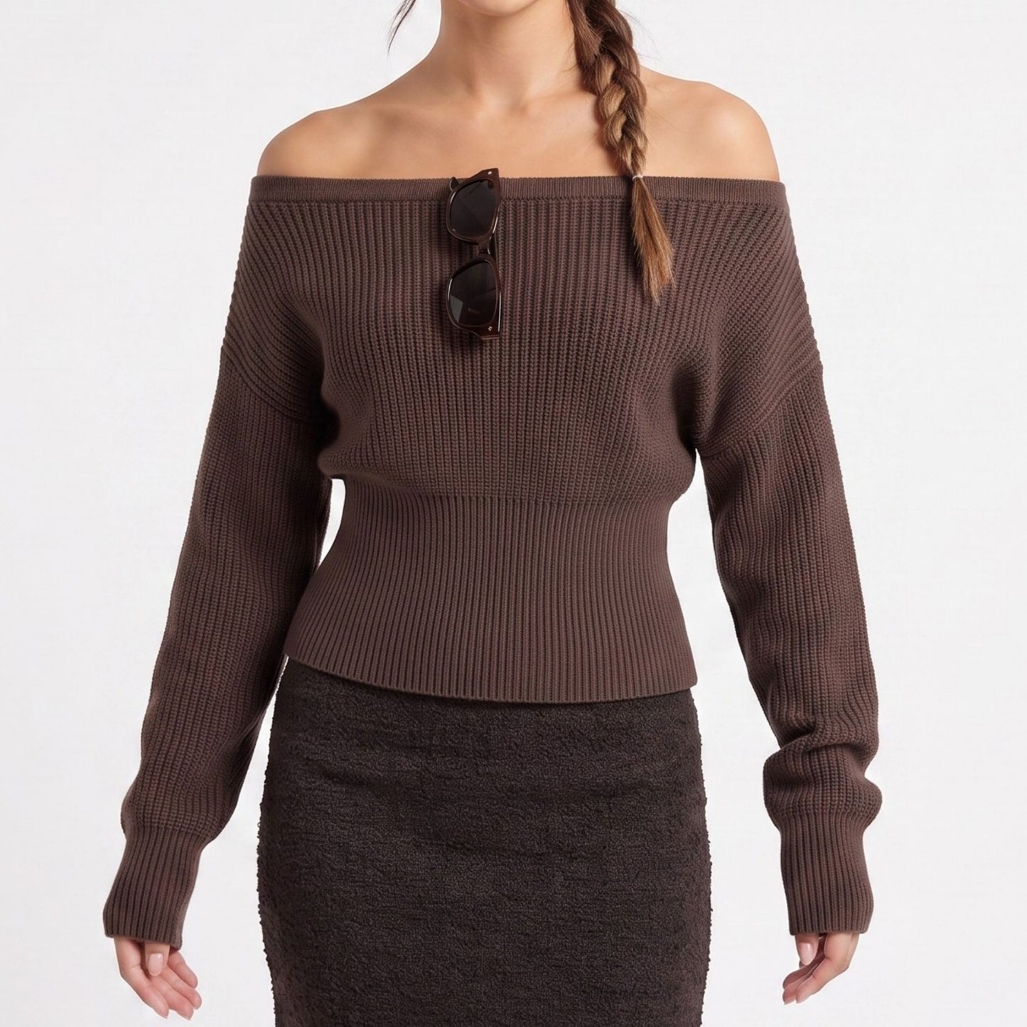 Off Shoulder Ribbed Waist Long Sleeve Knit Sweater