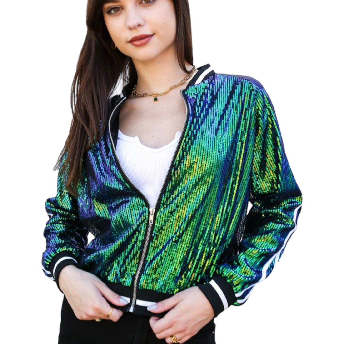 Striped Long Sleeve Sequin Varsity Jacket