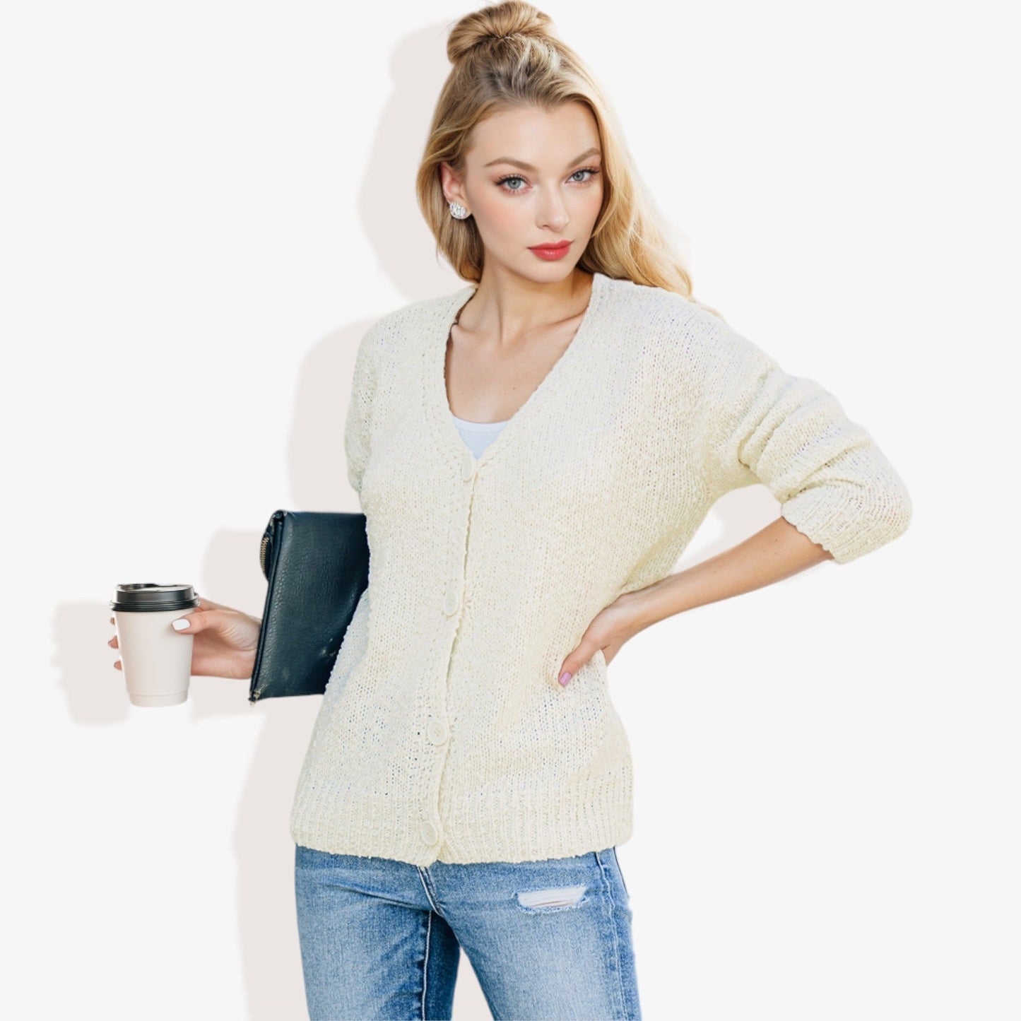 Button-Up Cardigan V-Neck Long Sleeve with Ribbed Hem