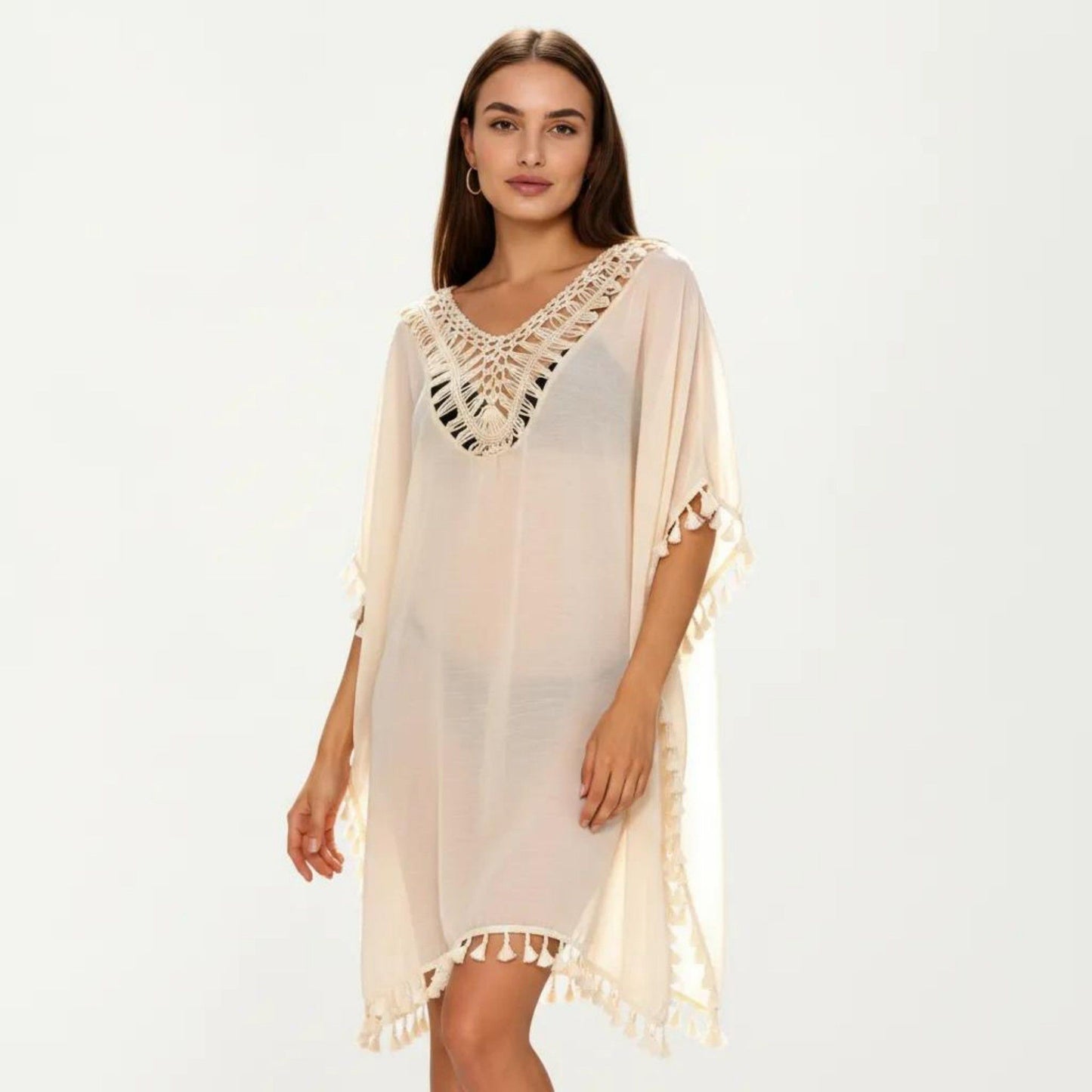 Sheer Crochet V Neck Swim Cover Up Poncho with Tassel Trim and Flowy Silhouette
