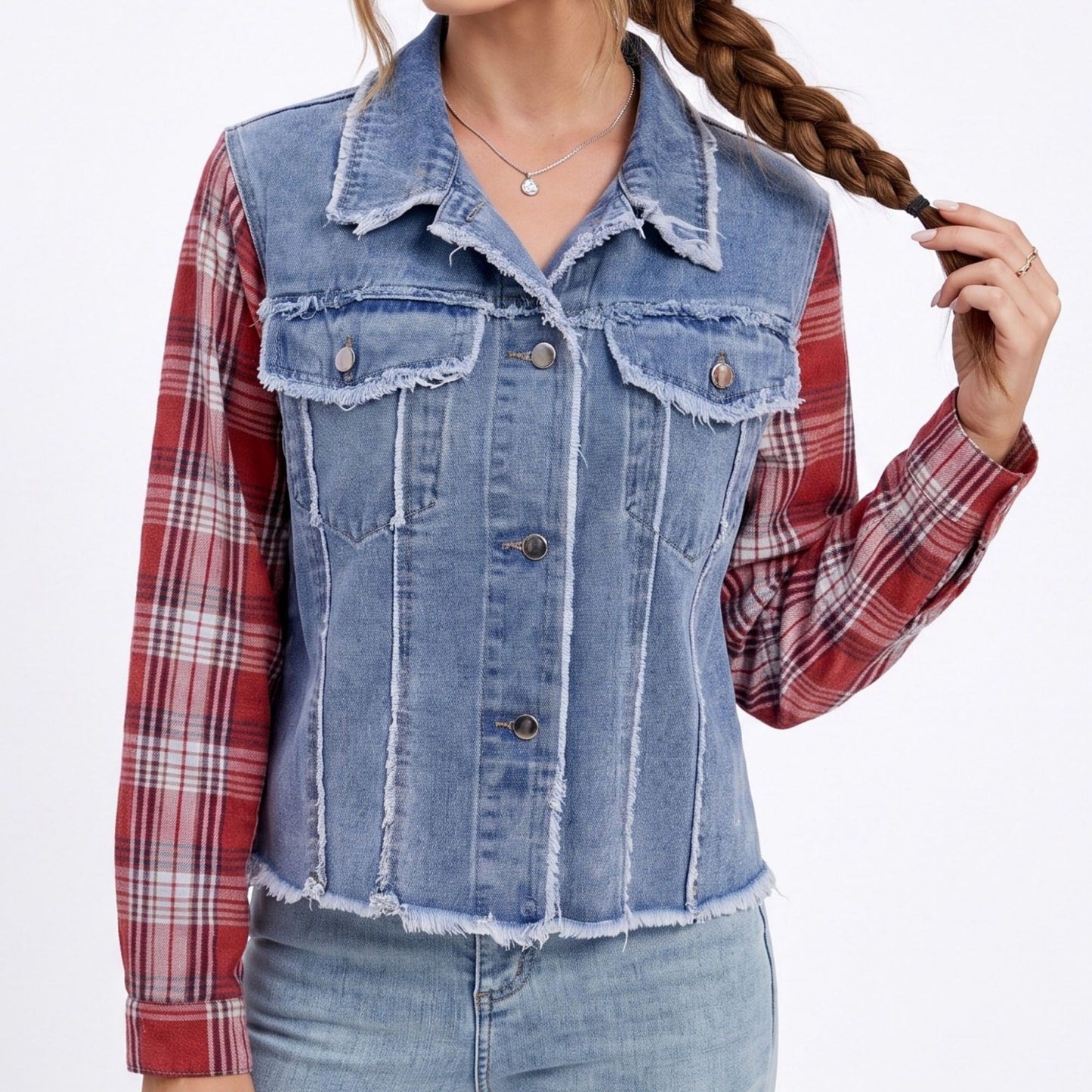 Plaid Sleeve Denim Jacket Button Front Distressed Frayed Hem Shacket