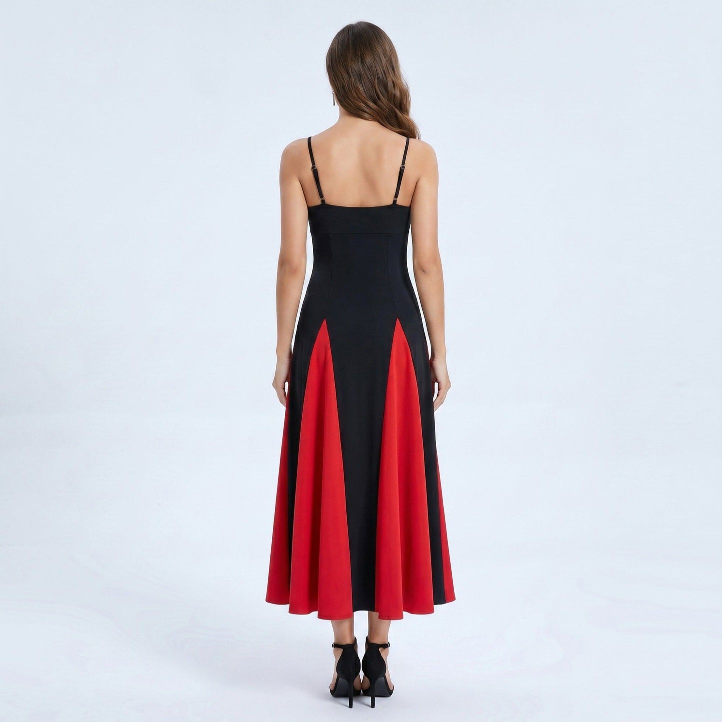 Spaghetti Strap Colorblock Fit and Flare Midi Dress