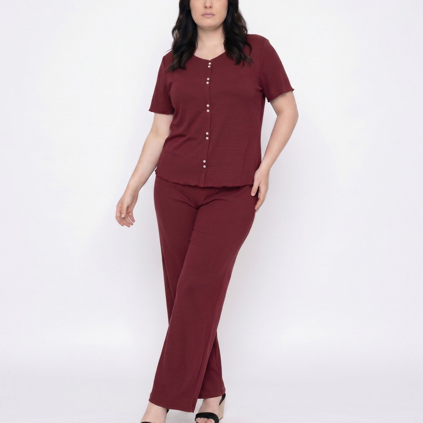 Plus Size 2-Piece Short Sleeve Button Front Pajama Top and Wide Leg Pants Sleepwear Lounge Set