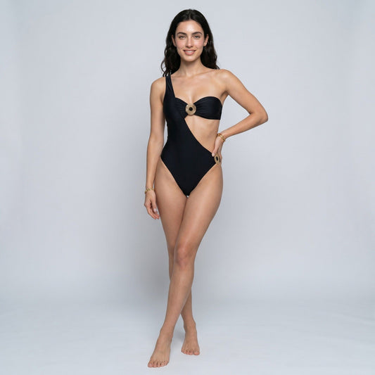 One Shoulder Cutout One Piece Swimsuit with Ruched Bandeau Bust Metal Ring Detail and High Cut Leg
