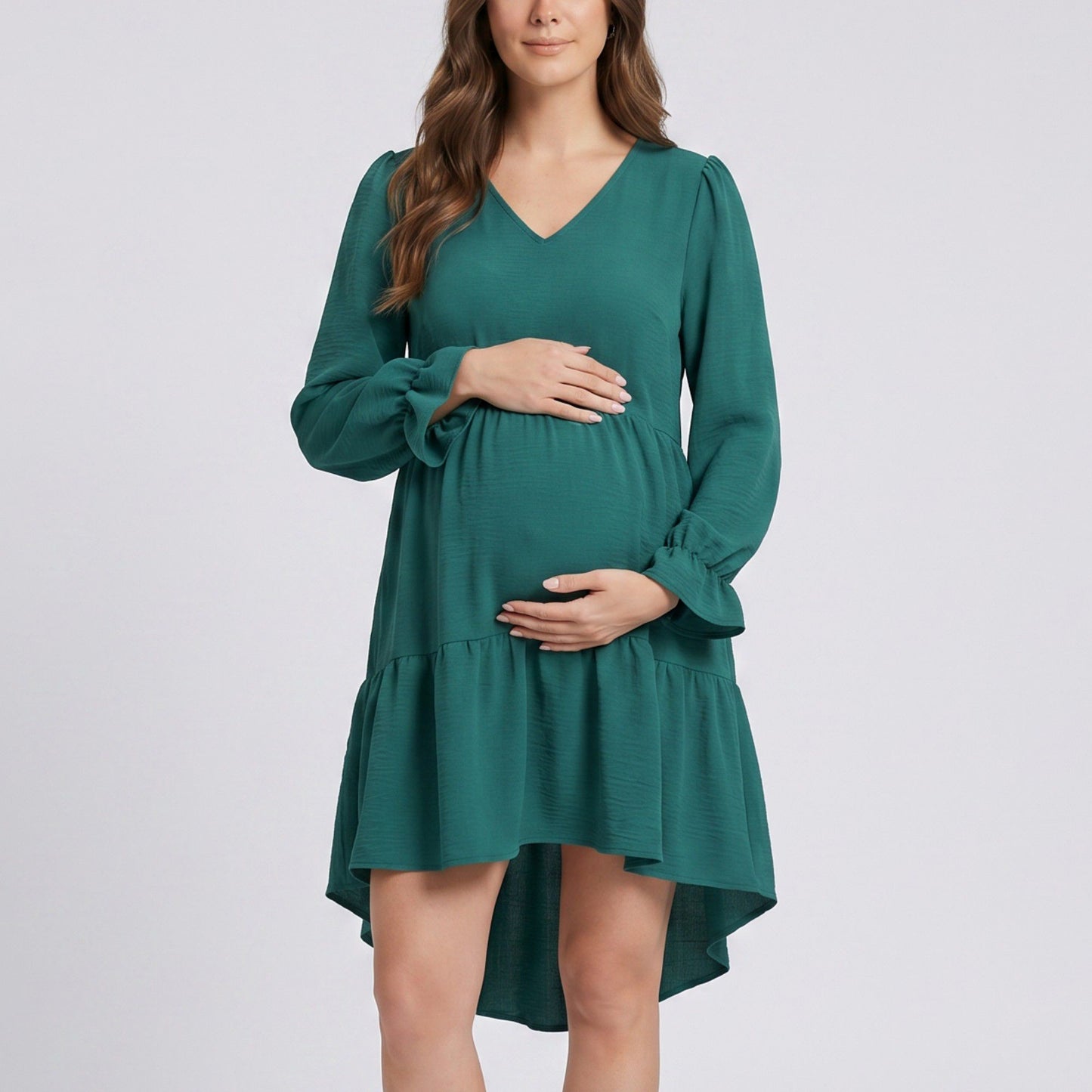 Maternity V Neck High Low Mini Dress with Long Sleeves and Tiered Hem