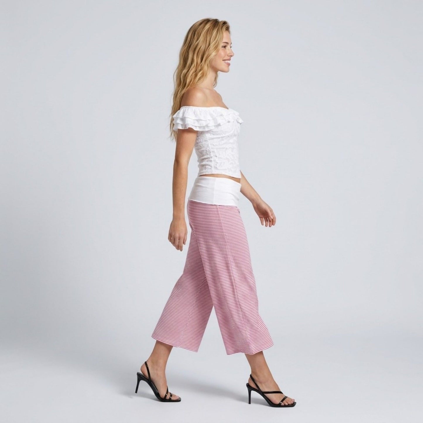 Contrast Foldover Waistband Striped Cropped Wide-Leg Trousers