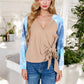 Tie-Dye Sleeve Wrap Top with V-Neck and Waffle Knit Texture