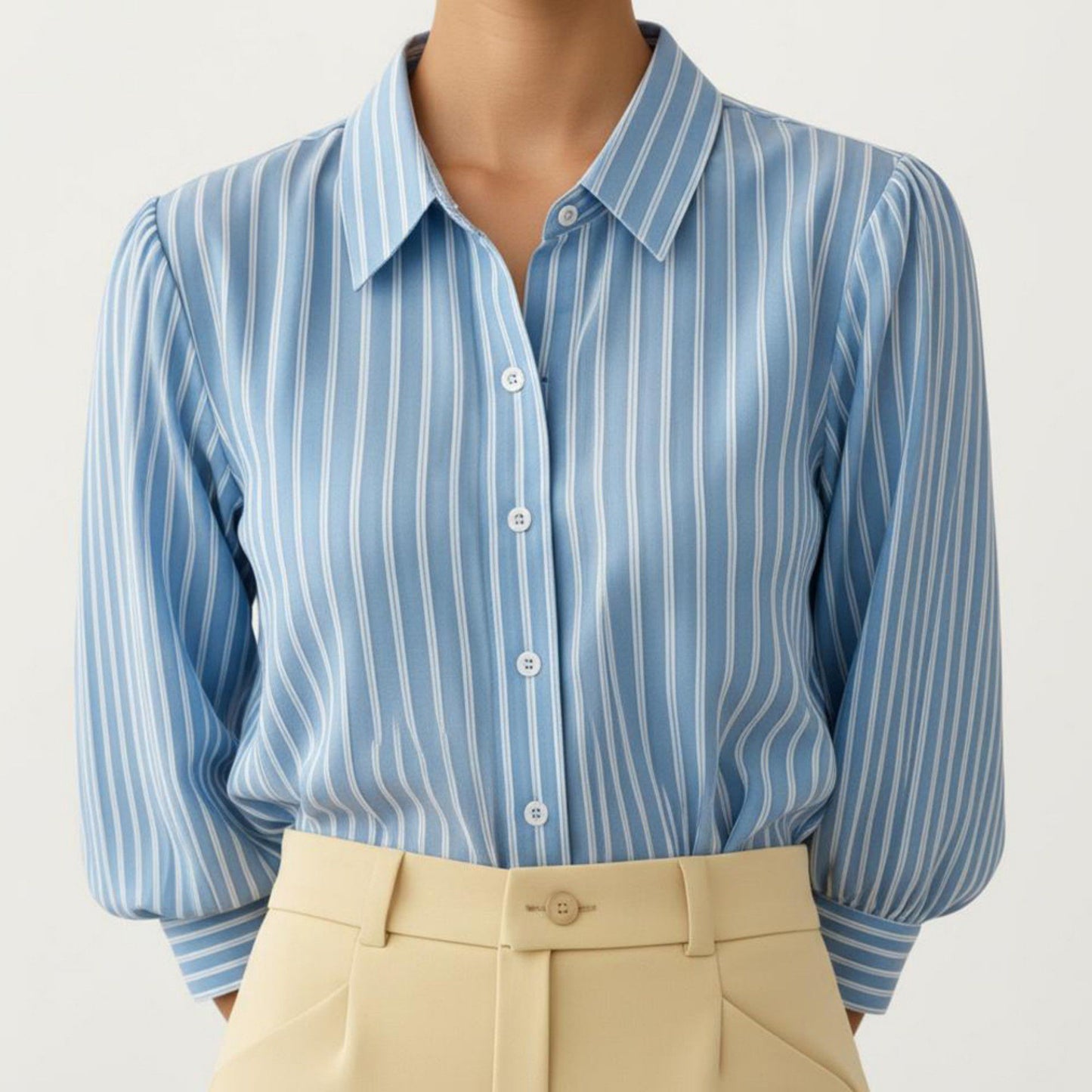 Striped Button Down Blouse with Collared Neckline and Puff Sleeves