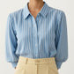 Striped Button Down Blouse with Collared Neckline and Puff Sleeves